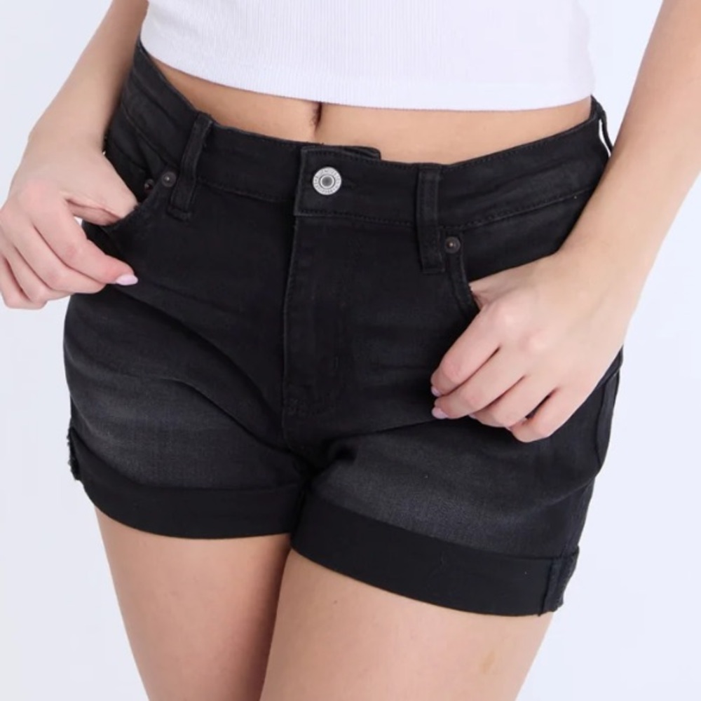 High Rise Black Midi Denim Shorts
